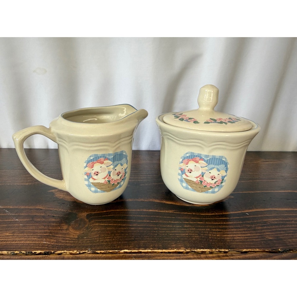 VTG Tienshan Stoneware Pig Pal Creamer and Sugar Set Country Farmhouse Blue Pink